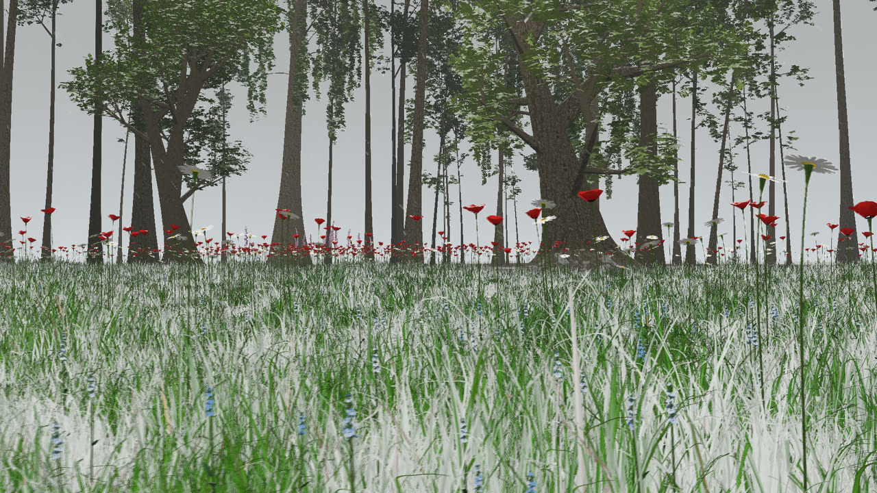 Snow lying on grass among poppies and daisies, an oak and maple wood behind, in AuToken's own 3D engine